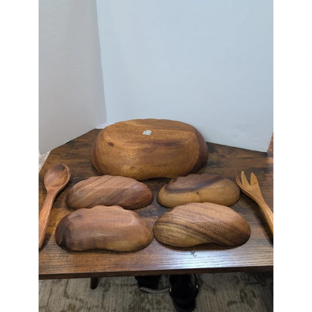 Vtg Handcrafted Wooden Salad Bowl Set Large Bowl / 4  Bowls /Salad & Utensils